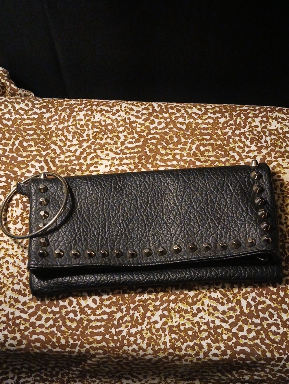 Studded Black Leather Wristlet Wallet - Women
